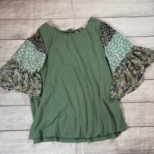 Umgee Green Blouse with Patterned Sleeves